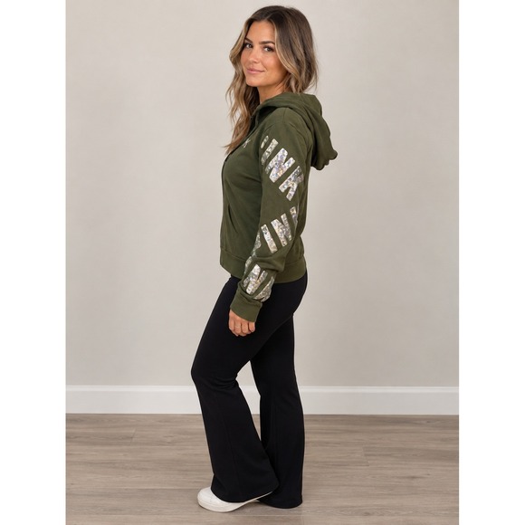 Victoria's Secret PINK Tops - Victoria's Secret PINK Olive Green Sequin Logo Sleeves Full Zip Hoodie Size M